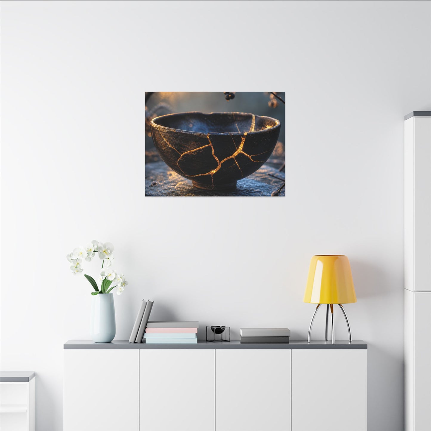Ceramic Bowl Canvas Art | Winter Kintsugi Gold Repair Art