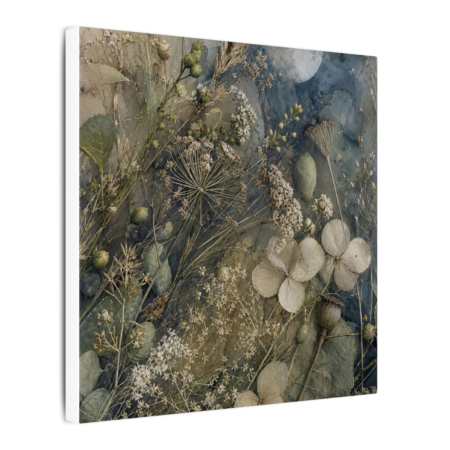 Japandi Dried Flowers in Moonlight | Watercolor Canvas Art