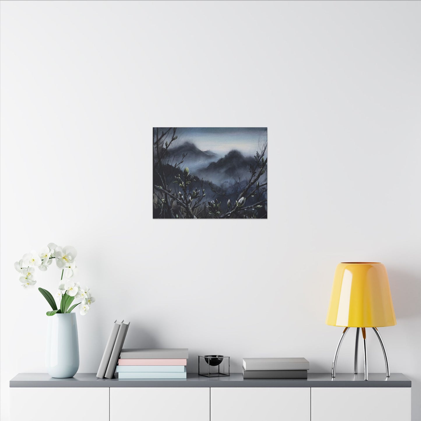 Mountain Mist Spring Canvas Art | Dark Japandi Atmospheric Design