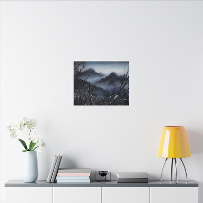 Mountain Mist Spring Canvas Art | Dark Japandi Atmospheric Design