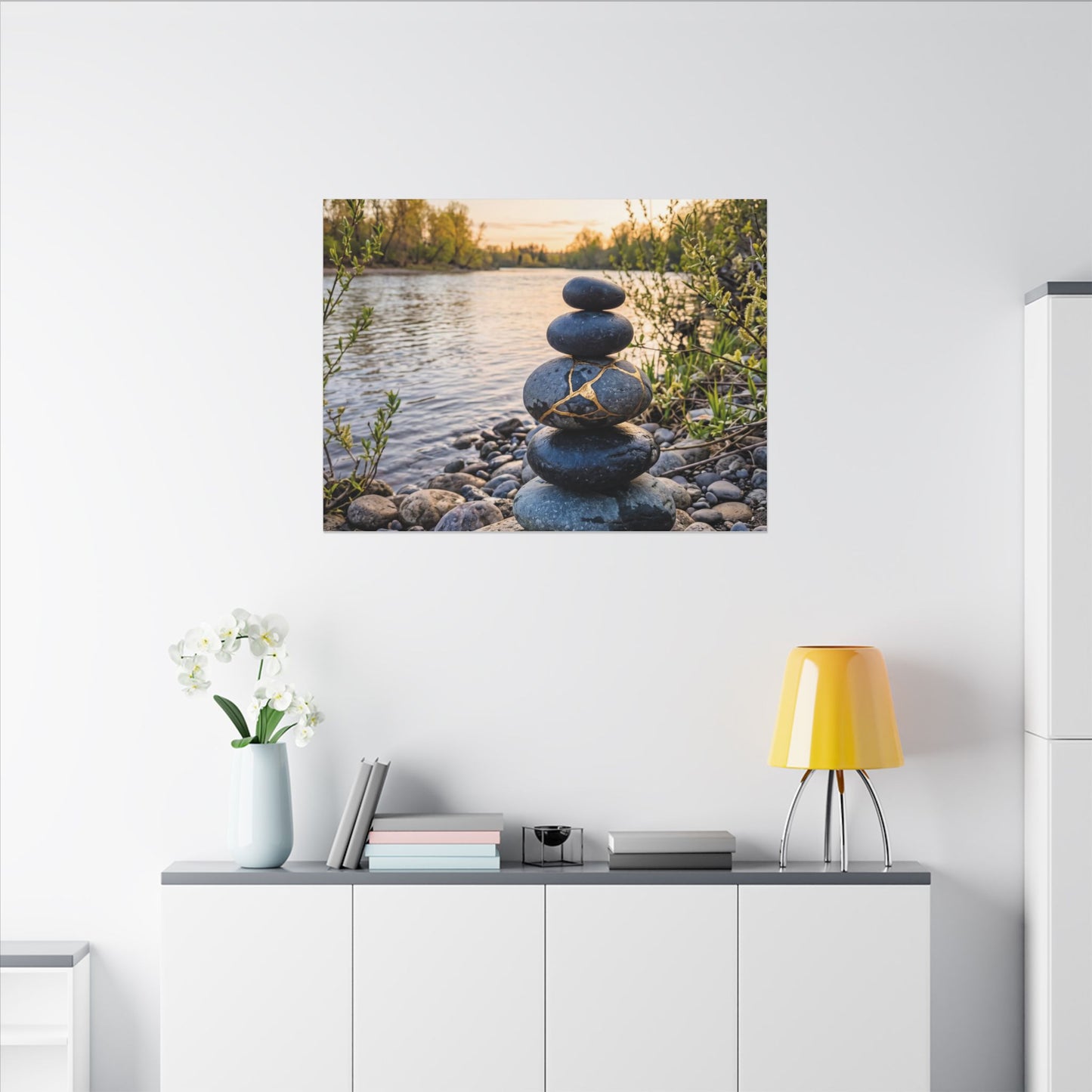 Kintsugi River Stones in Golden Hour | Gold Vein Canvas Art
