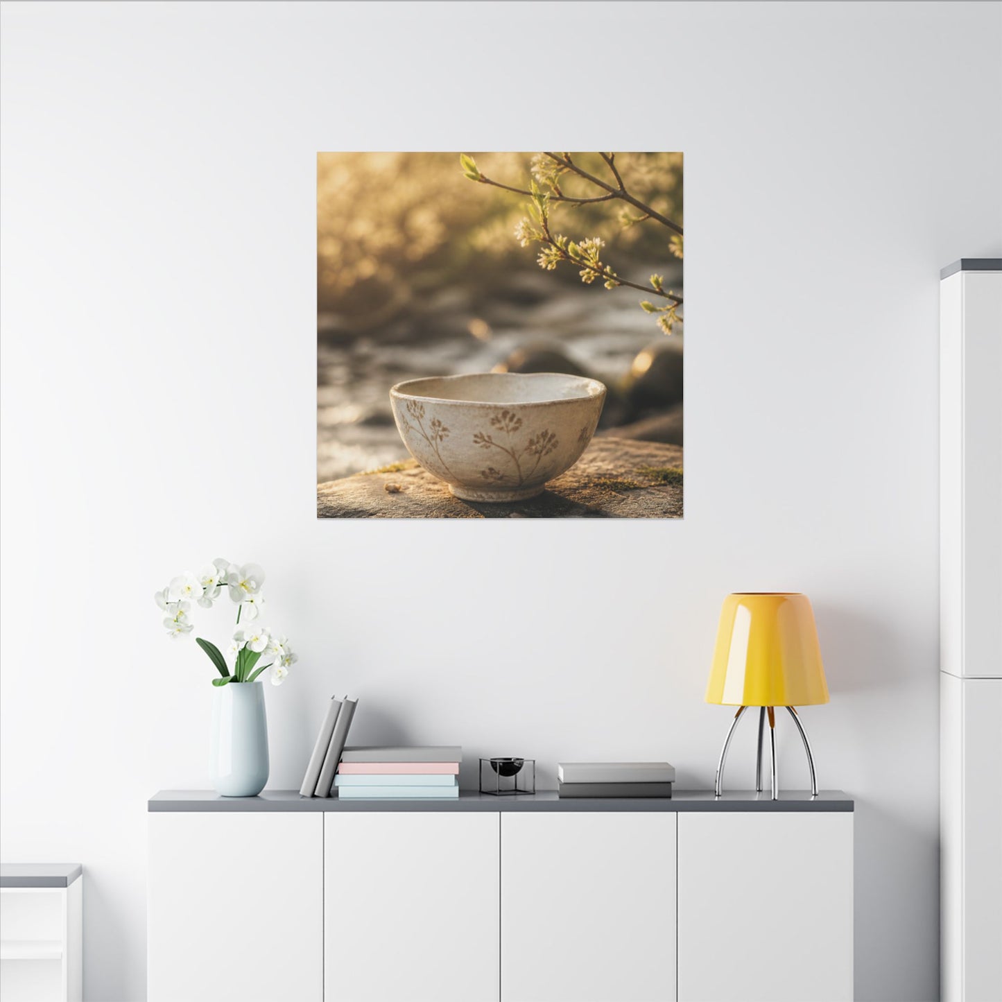 Neutral Ceramic Bowl Canvas Art - Japanese Pattern Japandi