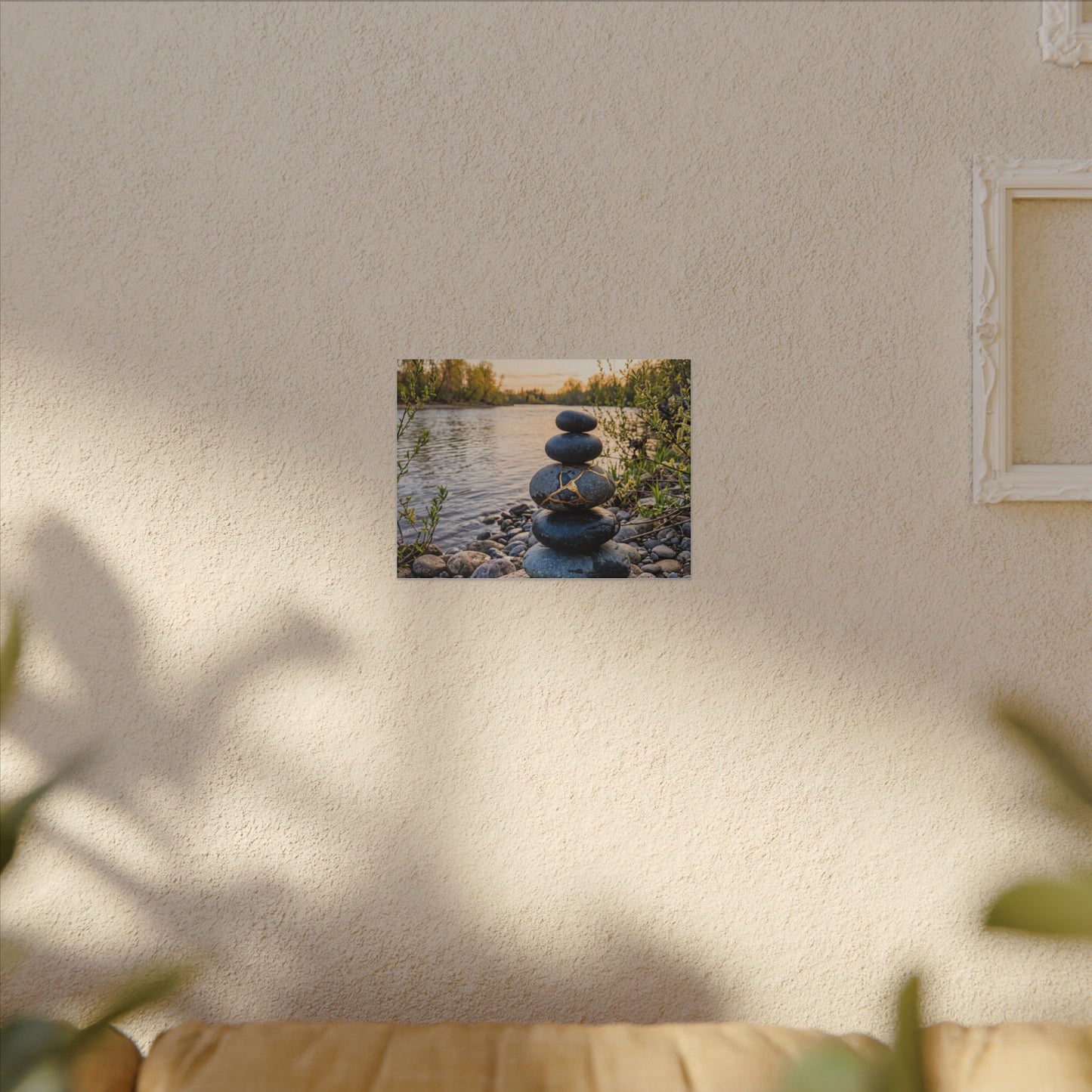 Kintsugi River Stones in Golden Hour | Gold Vein Canvas Art