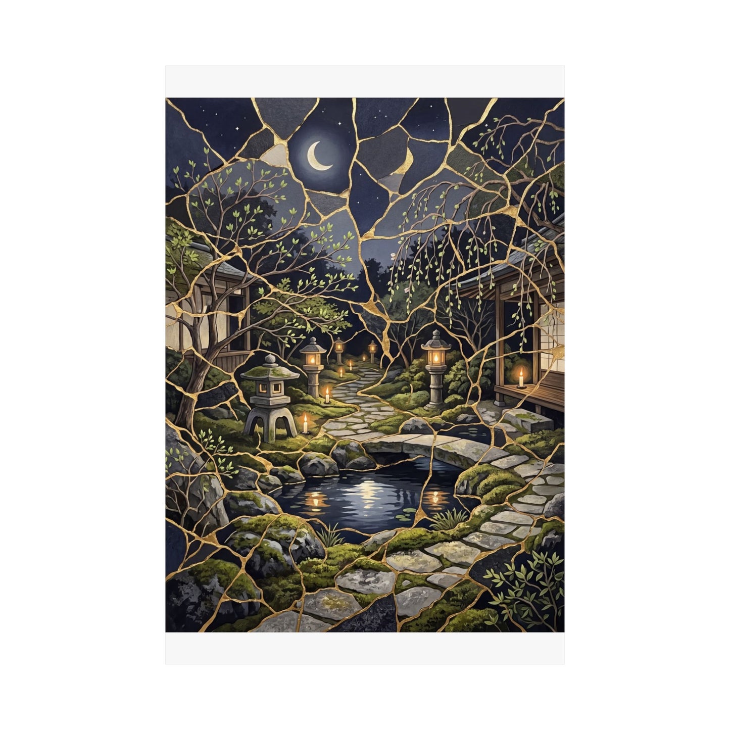 Spring Moonlit Garden Gold Vein Wall Art Print | Artful Decor