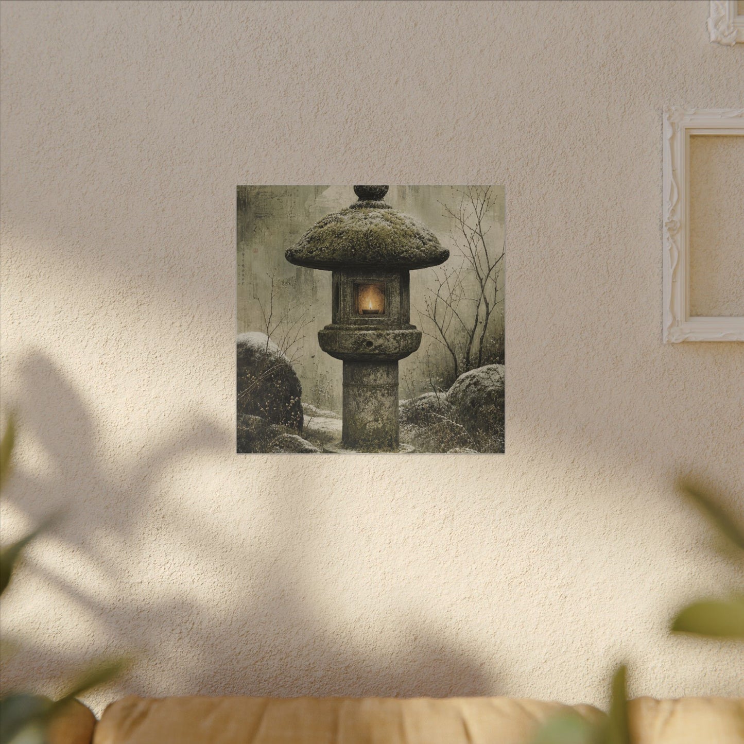 Stone Lantern Winter Canvas Art | Japandi Neutral Design