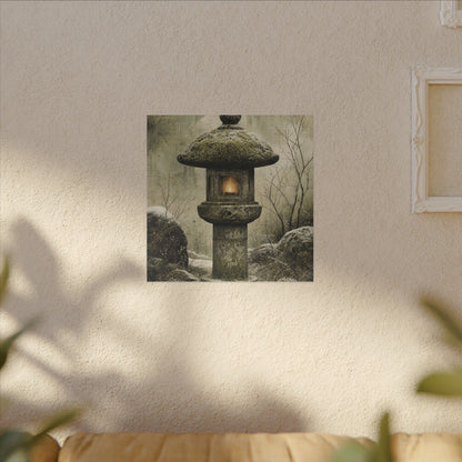 Stone Lantern Winter Canvas Art | Japandi Neutral Design