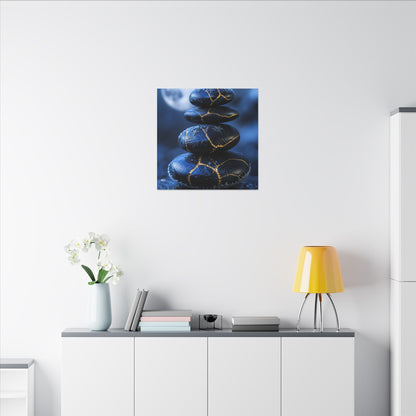 River Stones Canvas Art | Winter Kintsugi Gold Repair Art