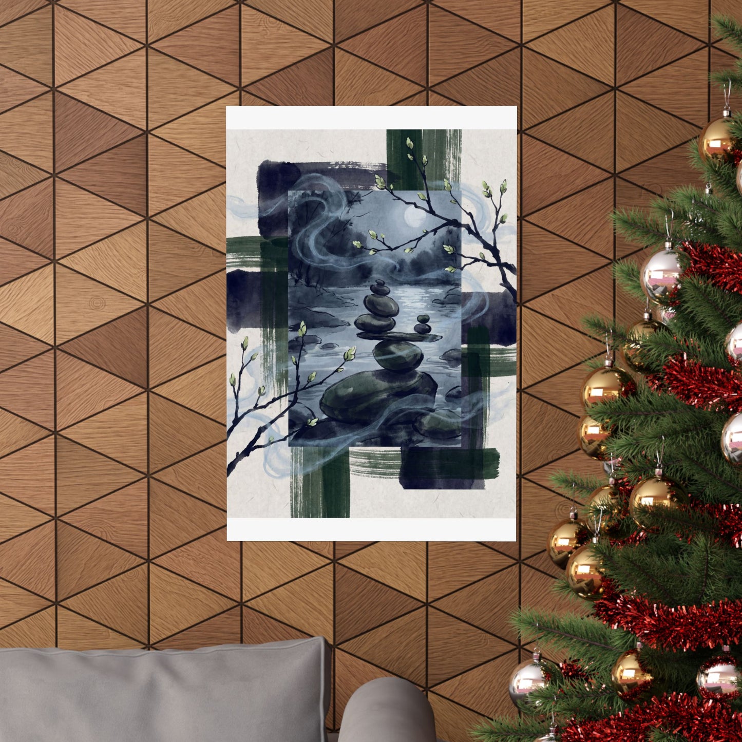 River Stones Wall Art Print | Spring Zen Sumi E Art