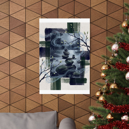 River Stones Wall Art Print | Spring Zen Sumi E Art