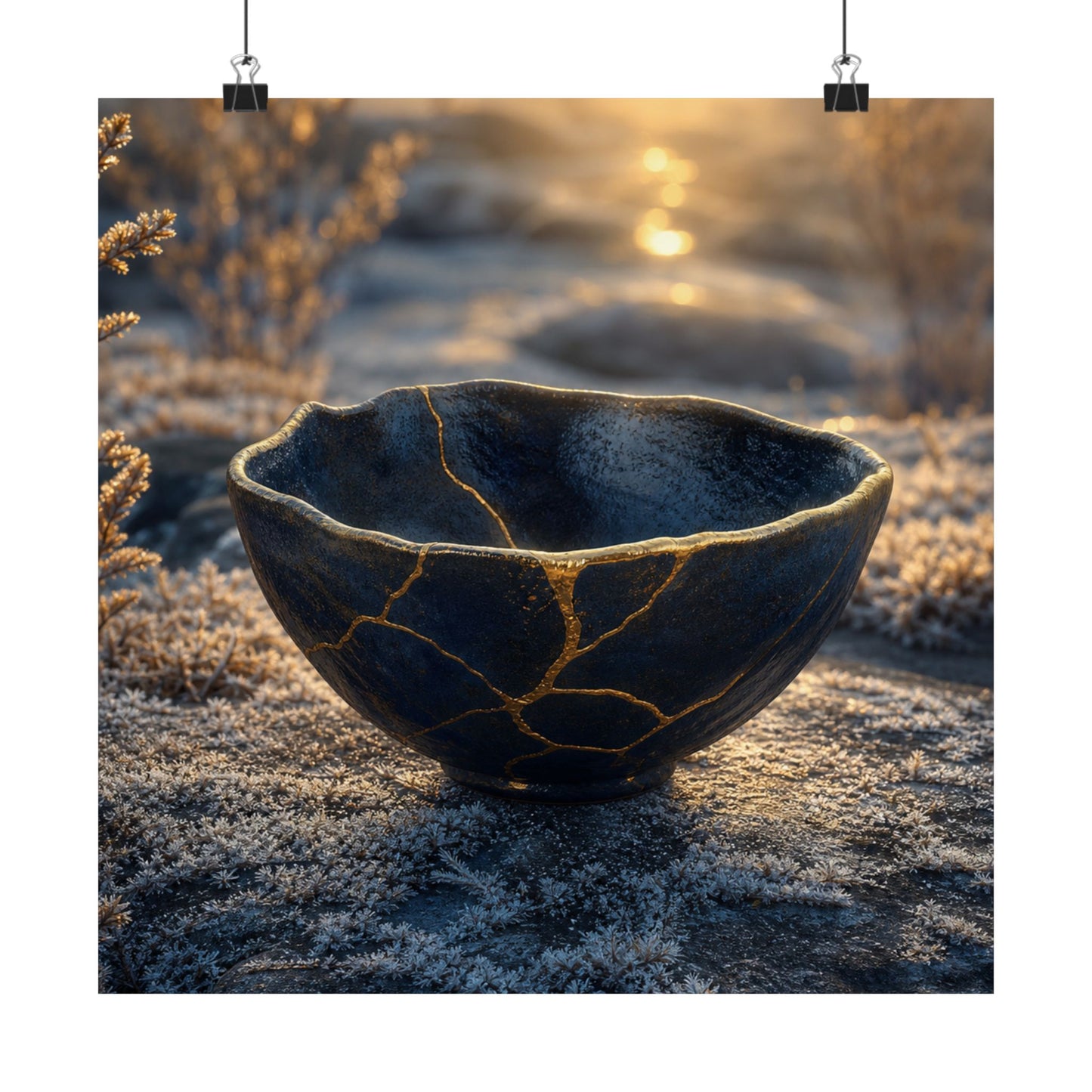 Kintsugi Ceramic Bowl in Golden Hour | Gold Repair Wall Art Print