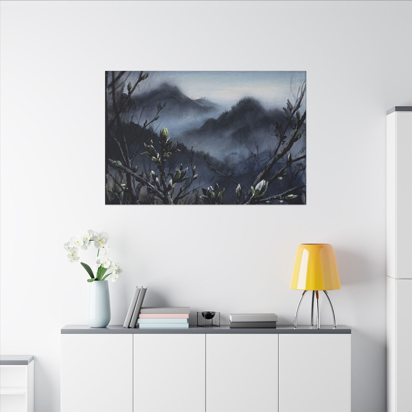 Mountain Mist Spring Canvas Art | Dark Japandi Atmospheric Design