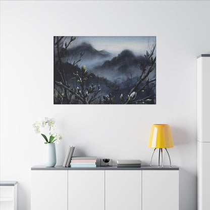 Mountain Mist Spring Canvas Art | Dark Japandi Atmospheric Design