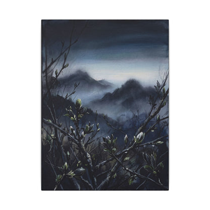 Mountain Mist Spring Canvas Art | Dark Japandi Atmospheric Design