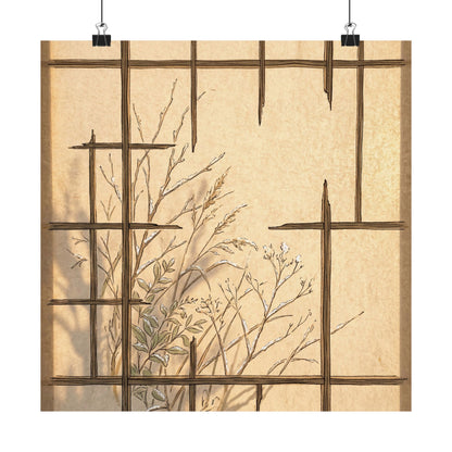 Japandi Shoji Screen in Golden Hour | Minimal Line Wall Art Print
