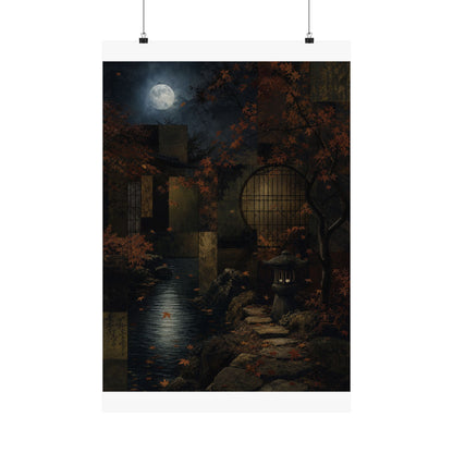 Moonlit Garden Shadow Zen Wall Art Print | Moody Dark Japandi Art