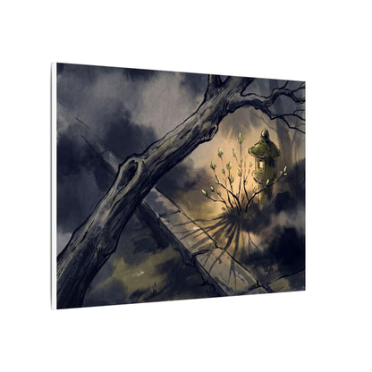Dark Japandi Moonlit Garden in Golden Hour | Charcoal Ink Canvas Art