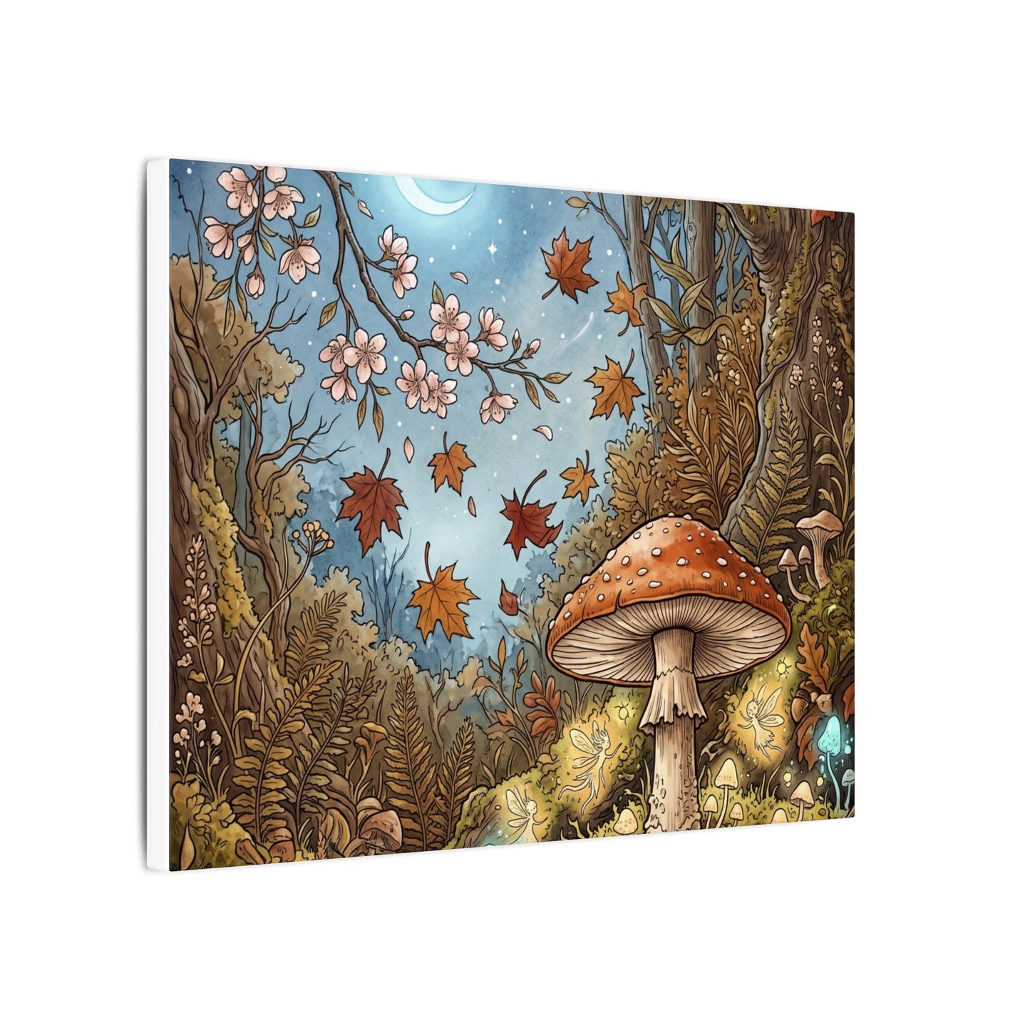 Autumn Cherry Blossom Mushroom Illustration Canvas Art | Enchanting Decor