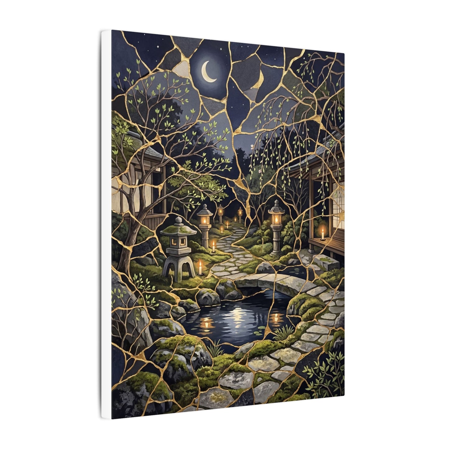 Kintsugi Moonlit Garden in Candlelight | Gold Vein Canvas Art