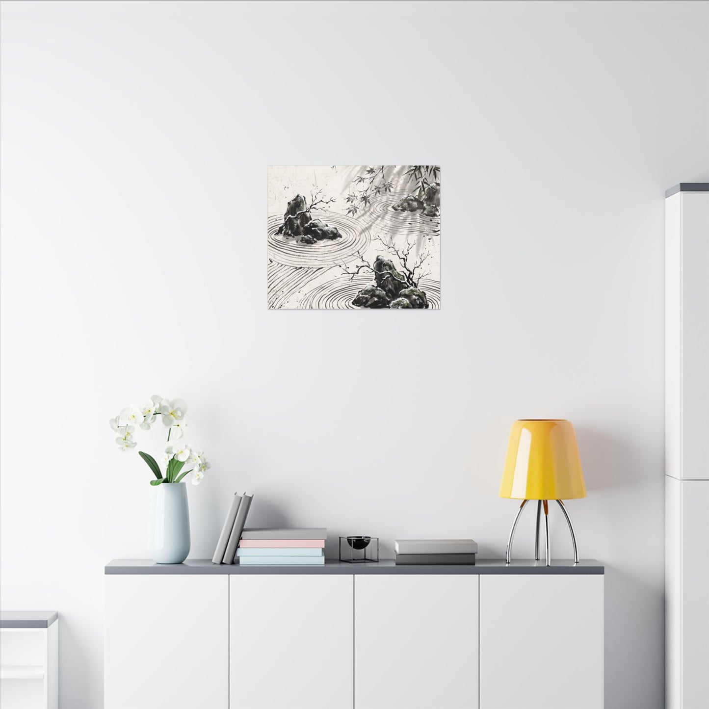 Rock Garden Canvas Art | Winter Zen Sumi E Art