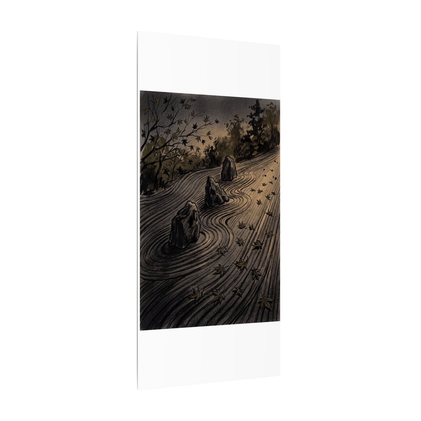 Rock Garden Canvas Art | Autumn Dark Japandi Charcoal Ink Art