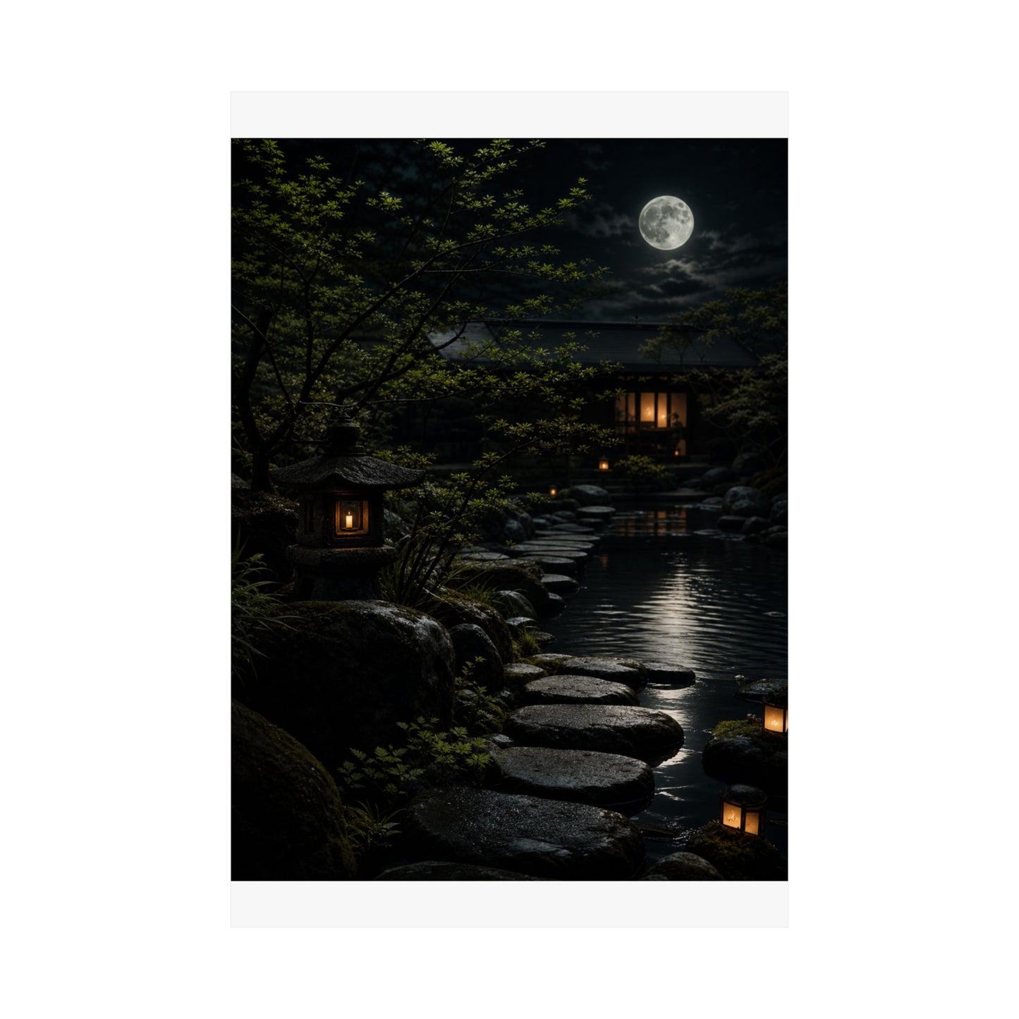 Ma Moonlit Garden Wall Art Print - Dark Japandi Shadow Zen
