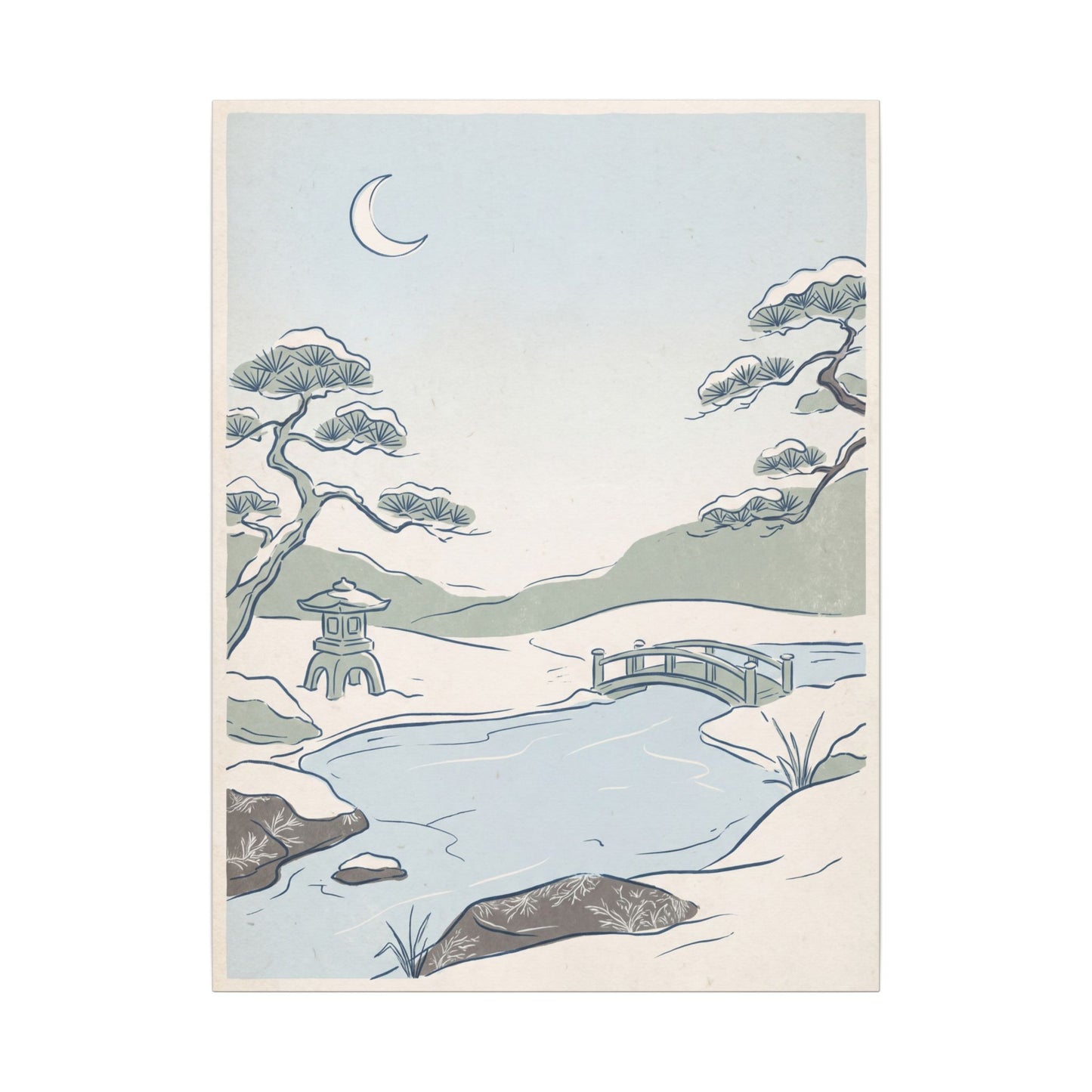 Japandi Moonlit Garden in Moonlight | Minimal Line Canvas Art