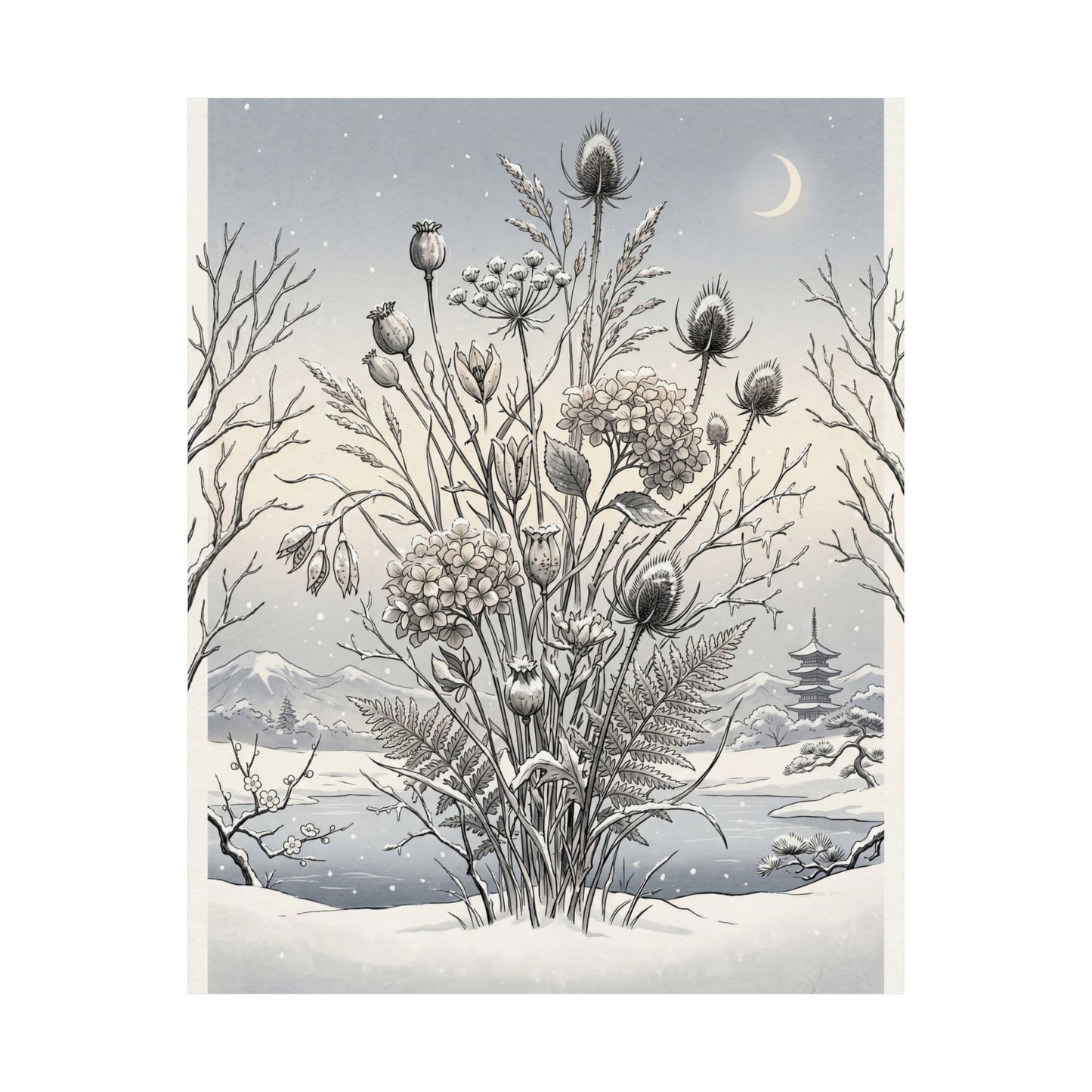 Zen Dried Flowers in Dawn | Ukiyo E Inspired Wall Art Print