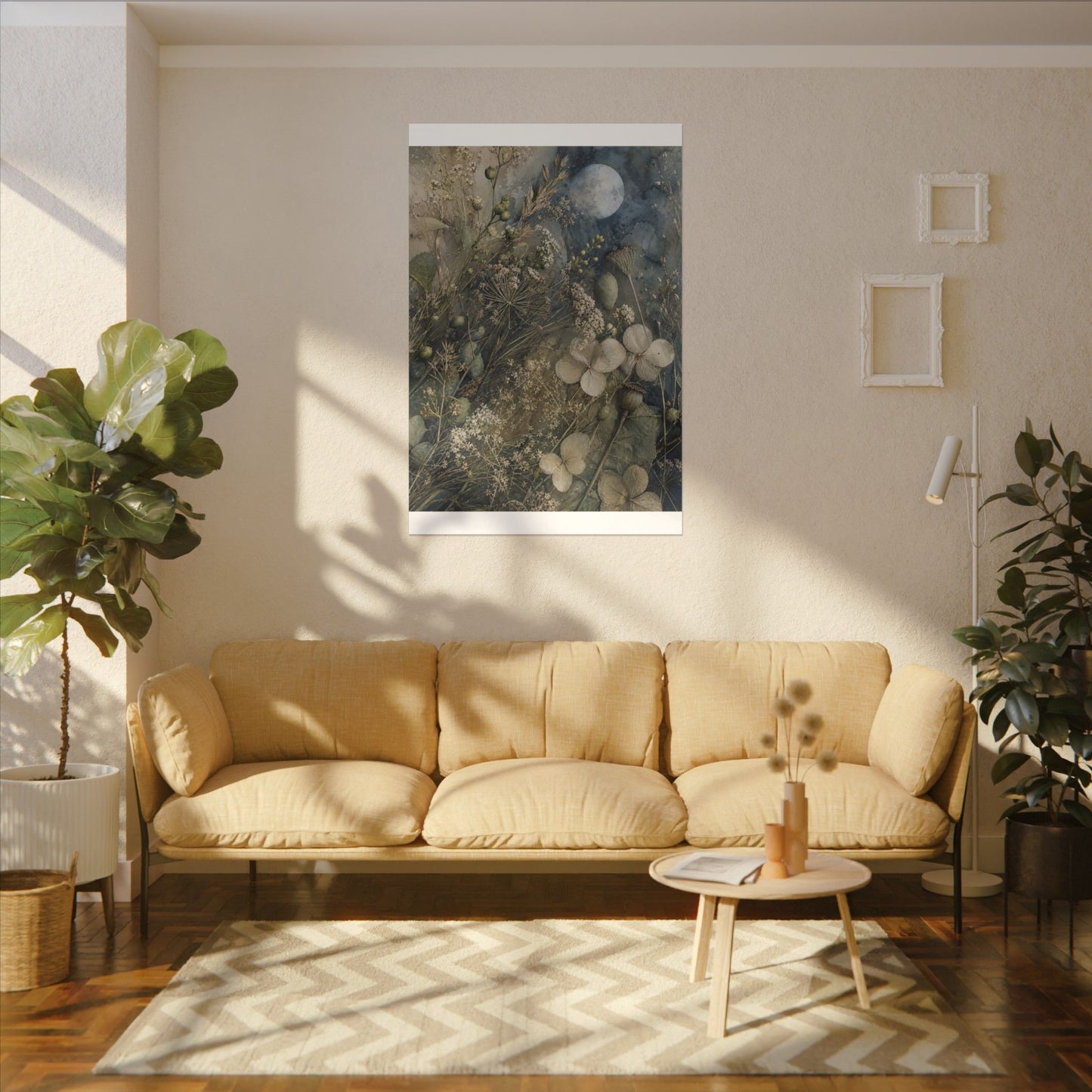 Japandi Dried Flowers in Moonlight | Watercolor Canvas Art