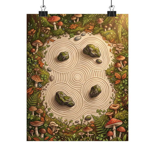 Seijaku Rock Garden Wall Art Print - Cottagecore Mushroom Illustration