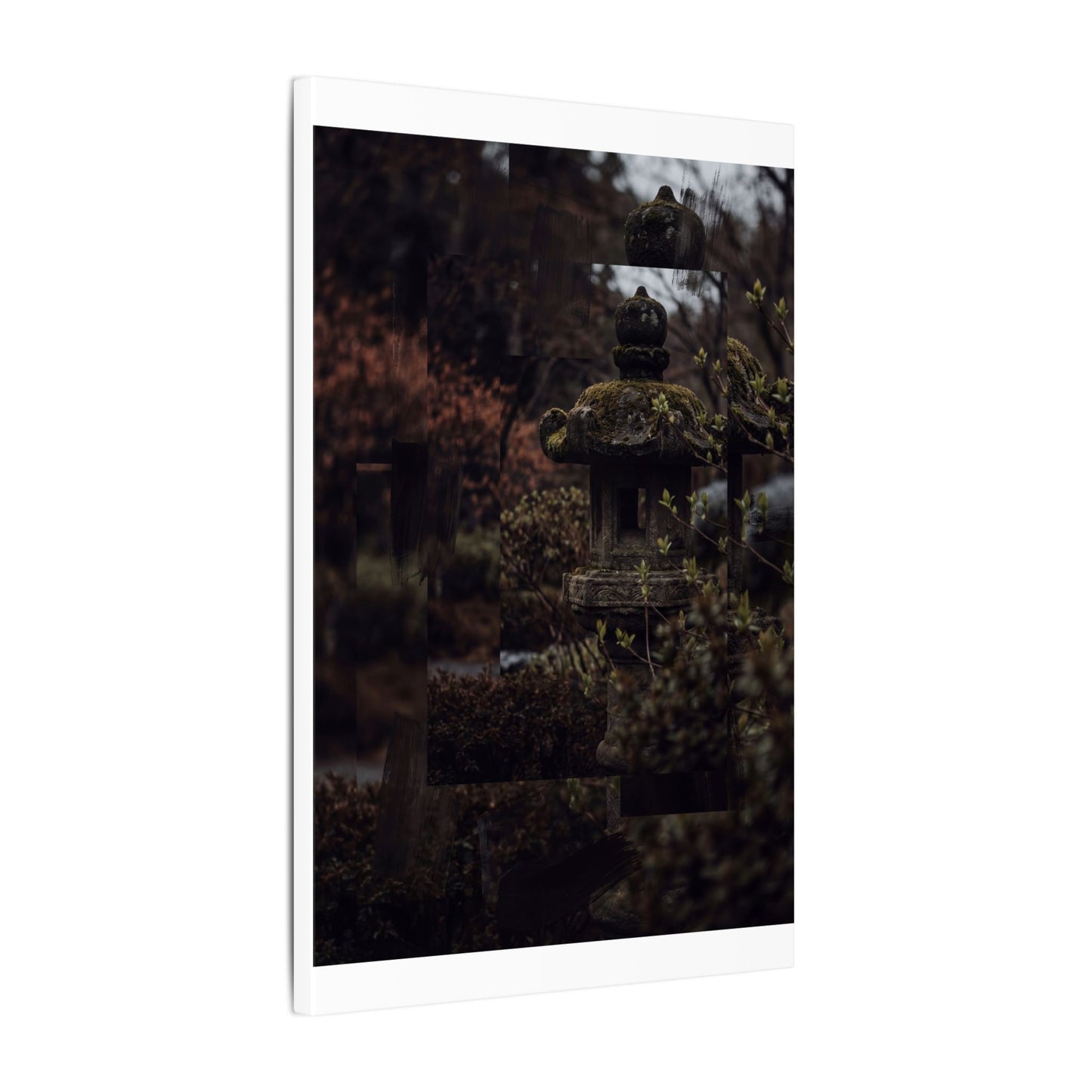 Stone Lantern Spring Canvas Art | Dark Japandi Bold Design