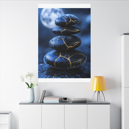 River Stones Canvas Art | Winter Kintsugi Gold Repair Art