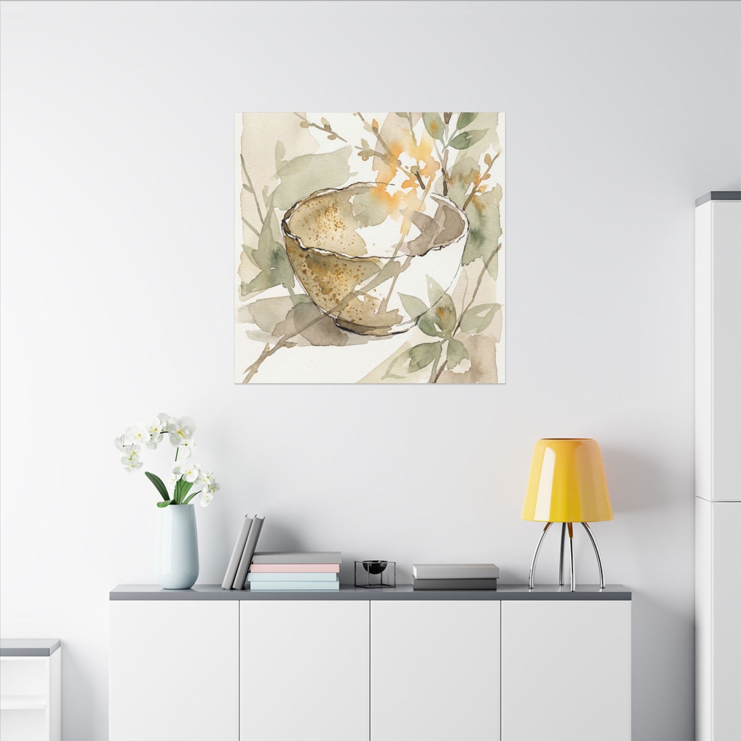 Spring Ceramic Bowl Watercolor Canvas Art | Neutral Decor