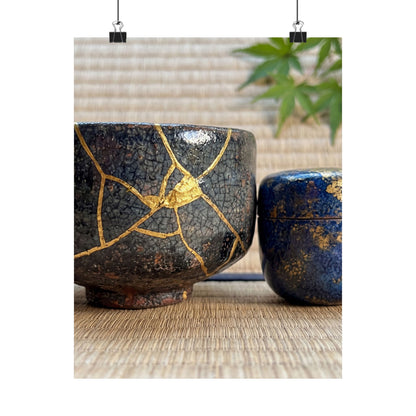 Kintsugi Tea Ceremony in Dawn | Crackle Gold Wall Art Print