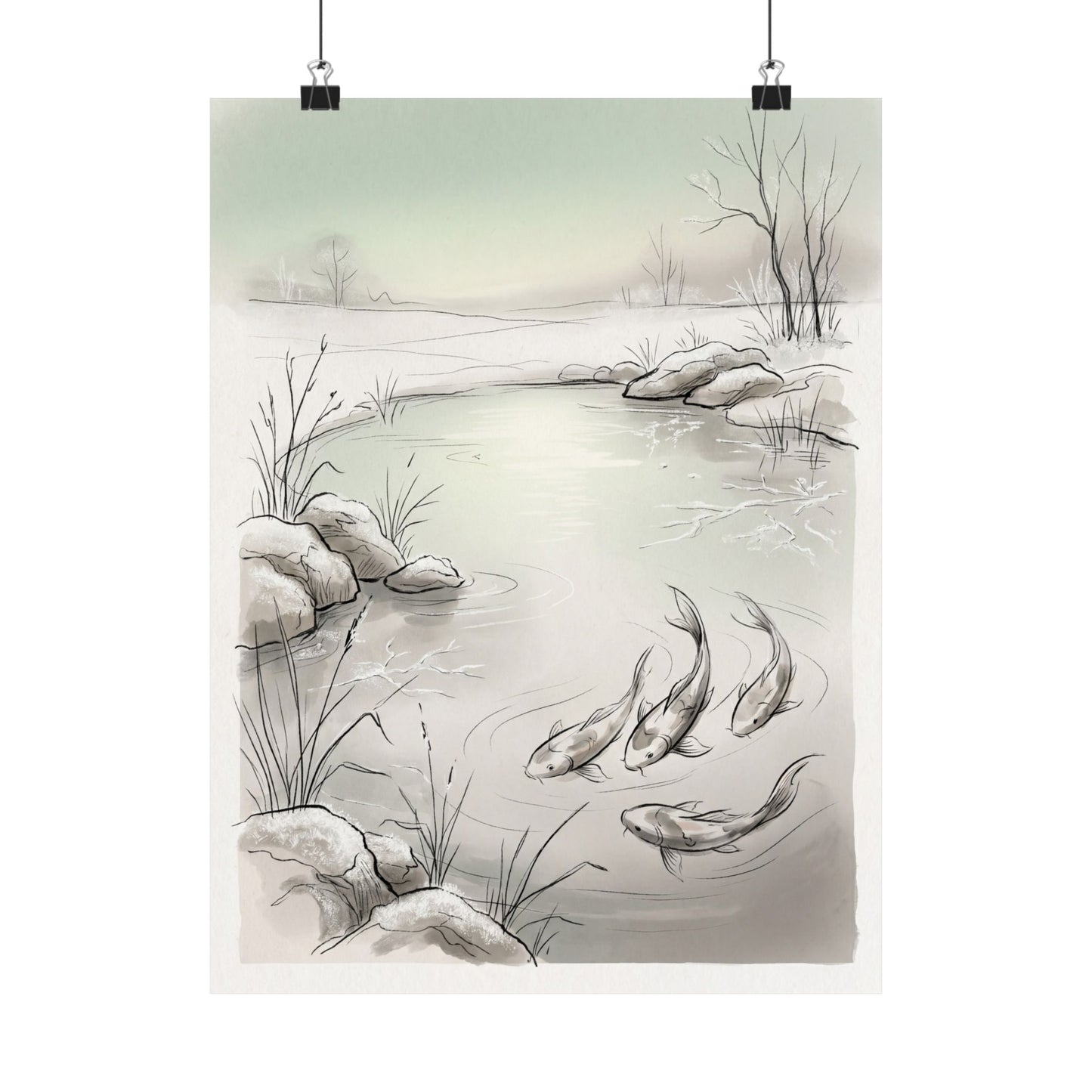 Japandi Koi Pond in Dawn | Minimal Line Wall Art Print