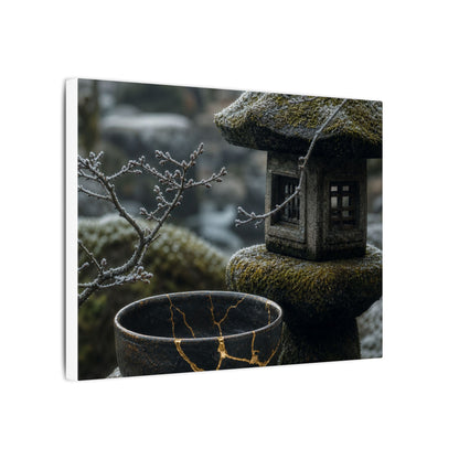 Stone Lantern Canvas Art | Winter Kintsugi Gold Repair Art