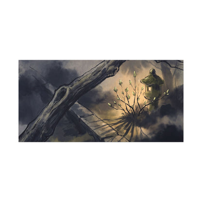 Dark Japandi Moonlit Garden in Golden Hour | Charcoal Ink Canvas Art