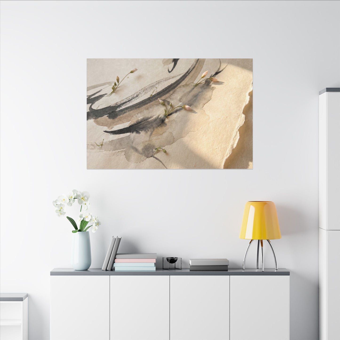 Ink Brushstroke Watercolor Canvas Art | Neutral Japandi Art