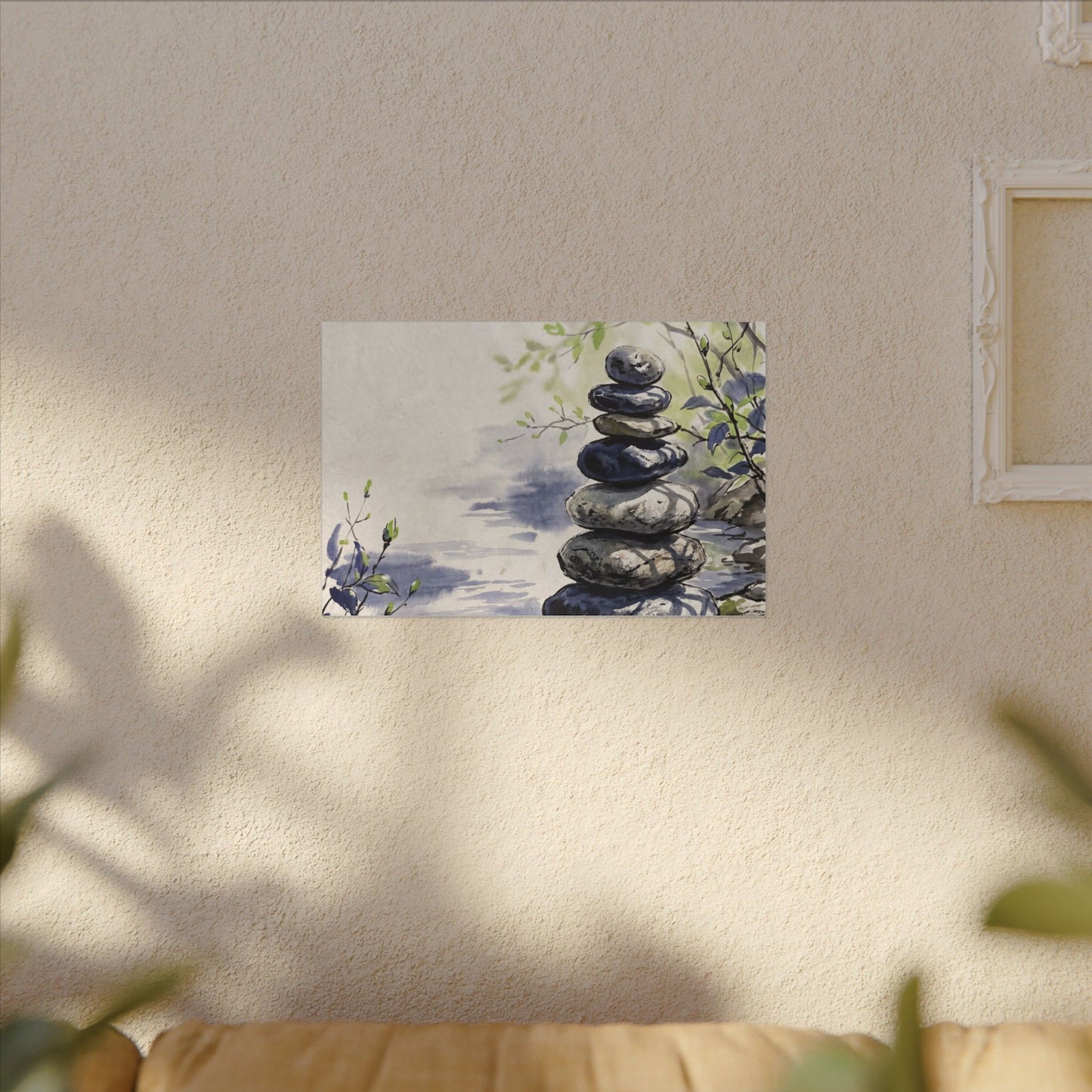 River Stones Sumi E Canvas Art | Serene Zen Art