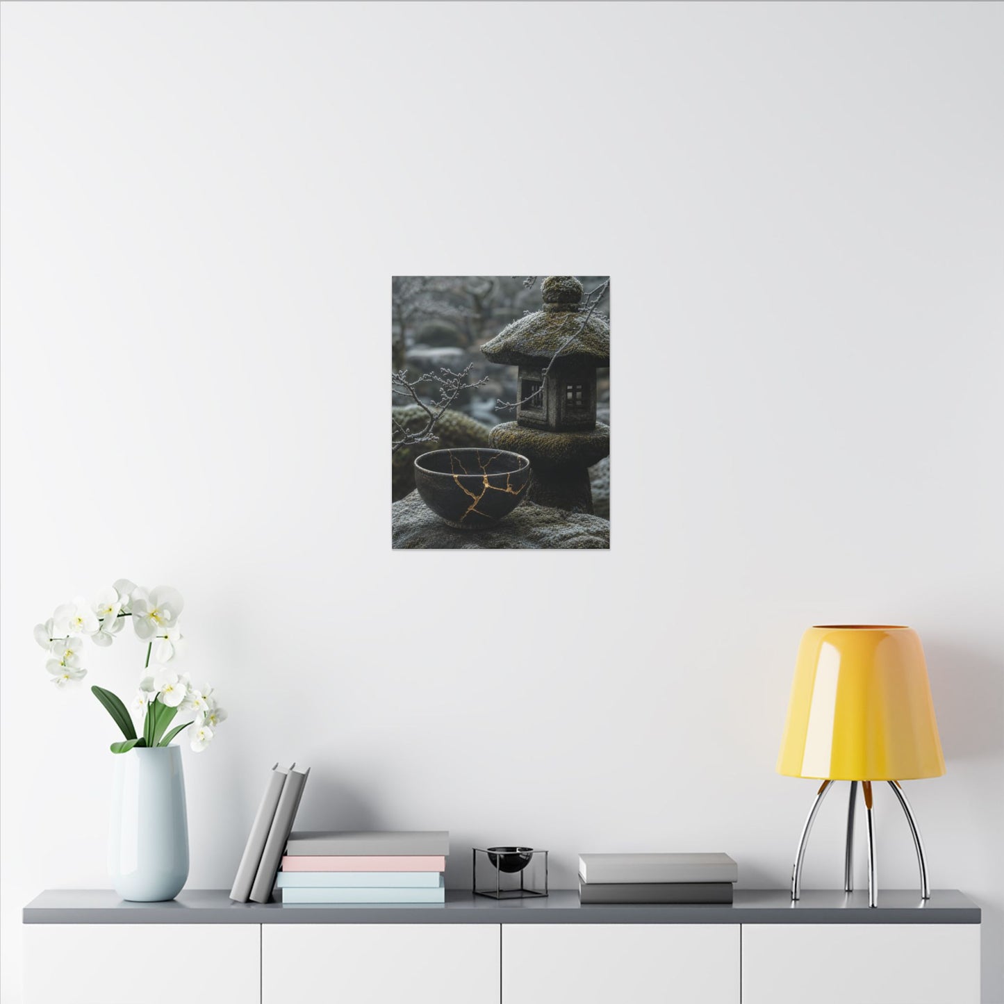Stone Lantern Canvas Art | Winter Kintsugi Gold Repair Art