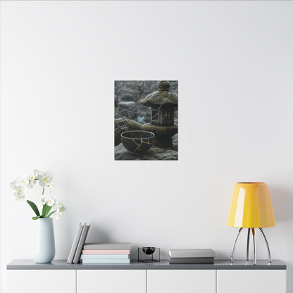 Stone Lantern Canvas Art | Winter Kintsugi Gold Repair Art