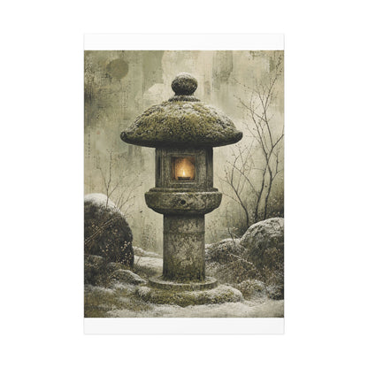 Stone Lantern Winter Canvas Art | Japandi Neutral Design