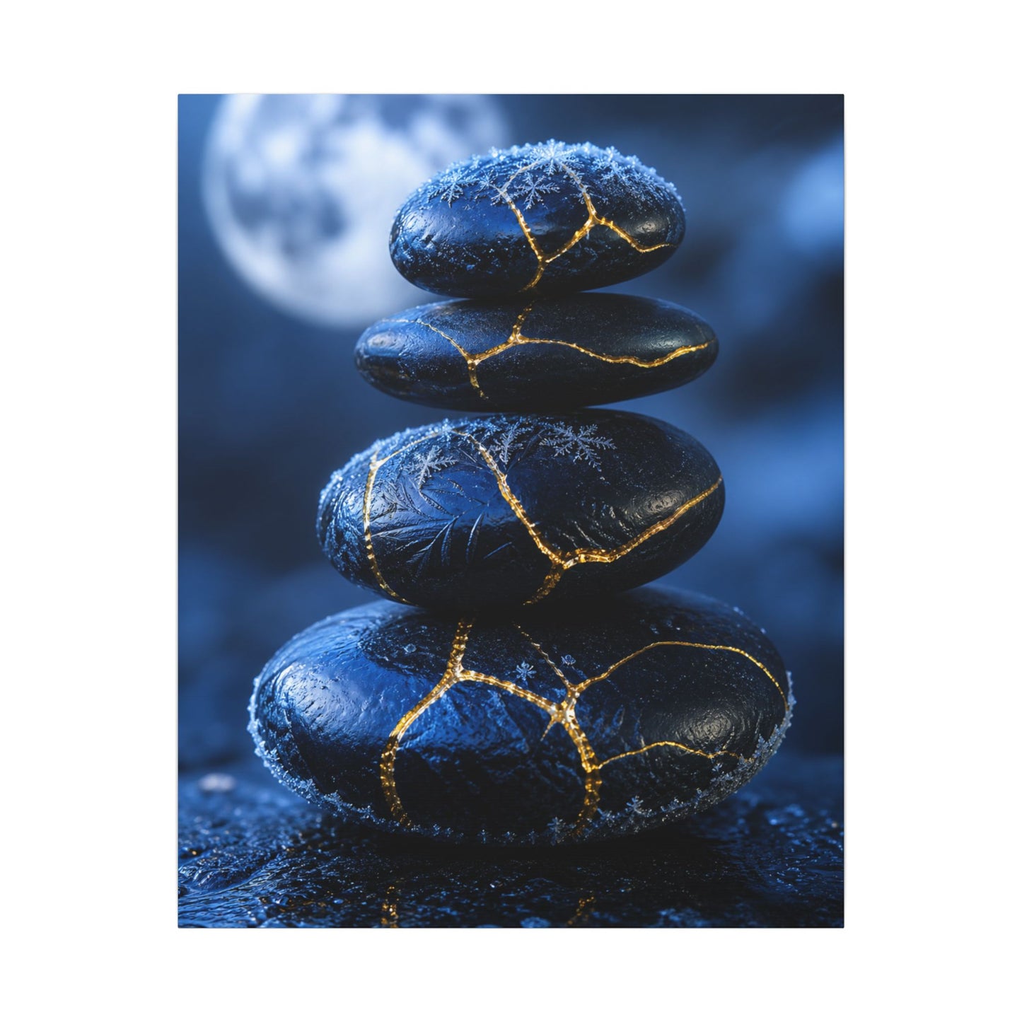 River Stones Canvas Art | Winter Kintsugi Gold Repair Art