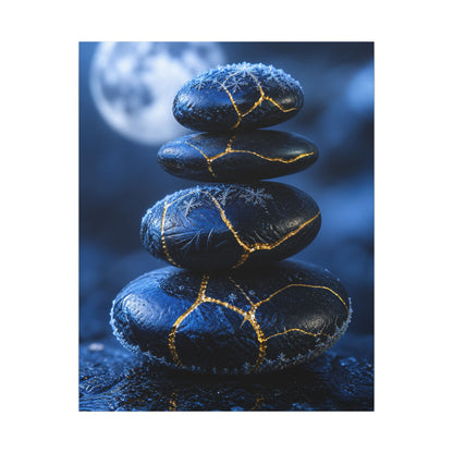 River Stones Canvas Art | Winter Kintsugi Gold Repair Art