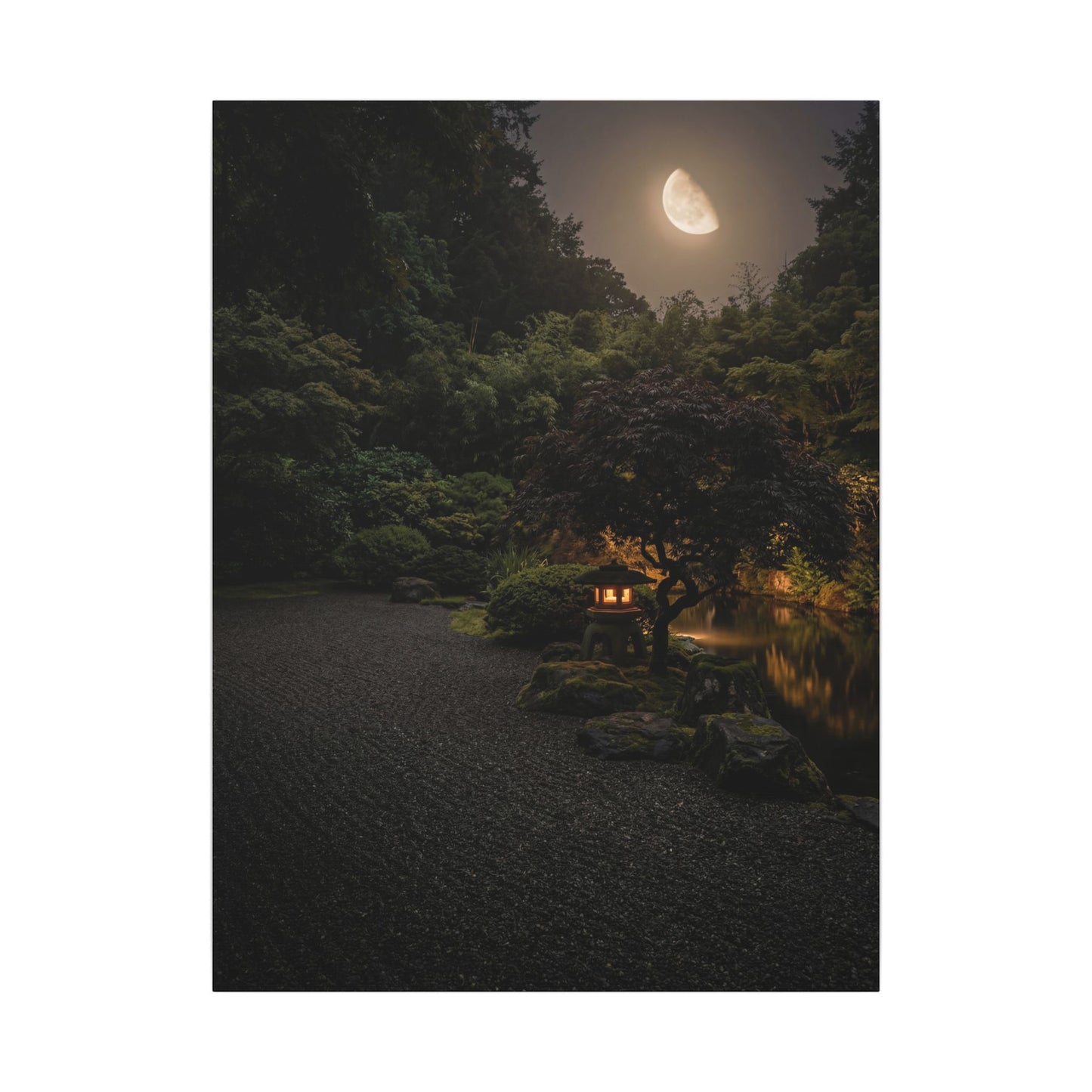 Dark Japandi Moonlit Garden in Golden Hour | Moody Minimal Canvas Art