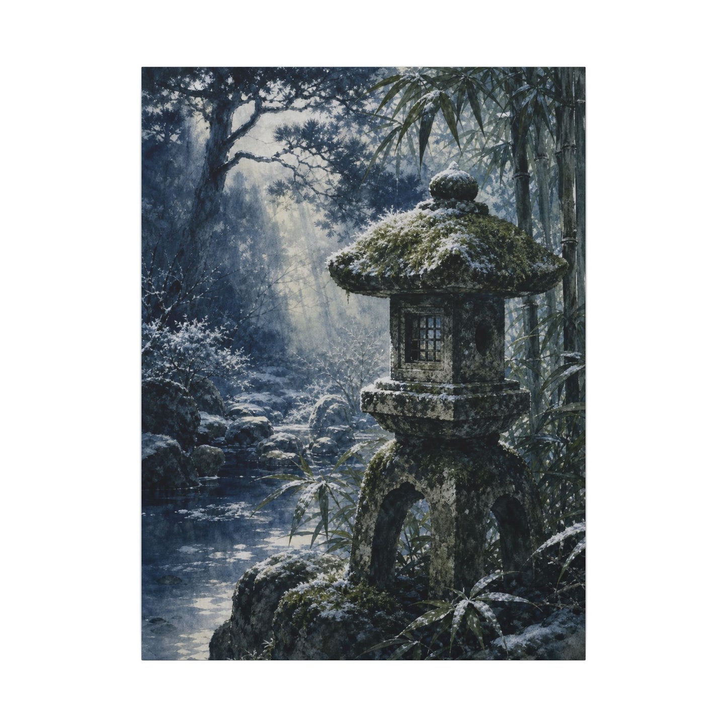 Zen Stone Lantern in Dappled | Sumi E Canvas Art