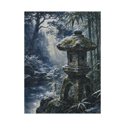 Zen Stone Lantern in Dappled | Sumi E Canvas Art