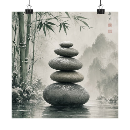 River Stones Sumi E Wall Art Print | Tranquil Zen Art