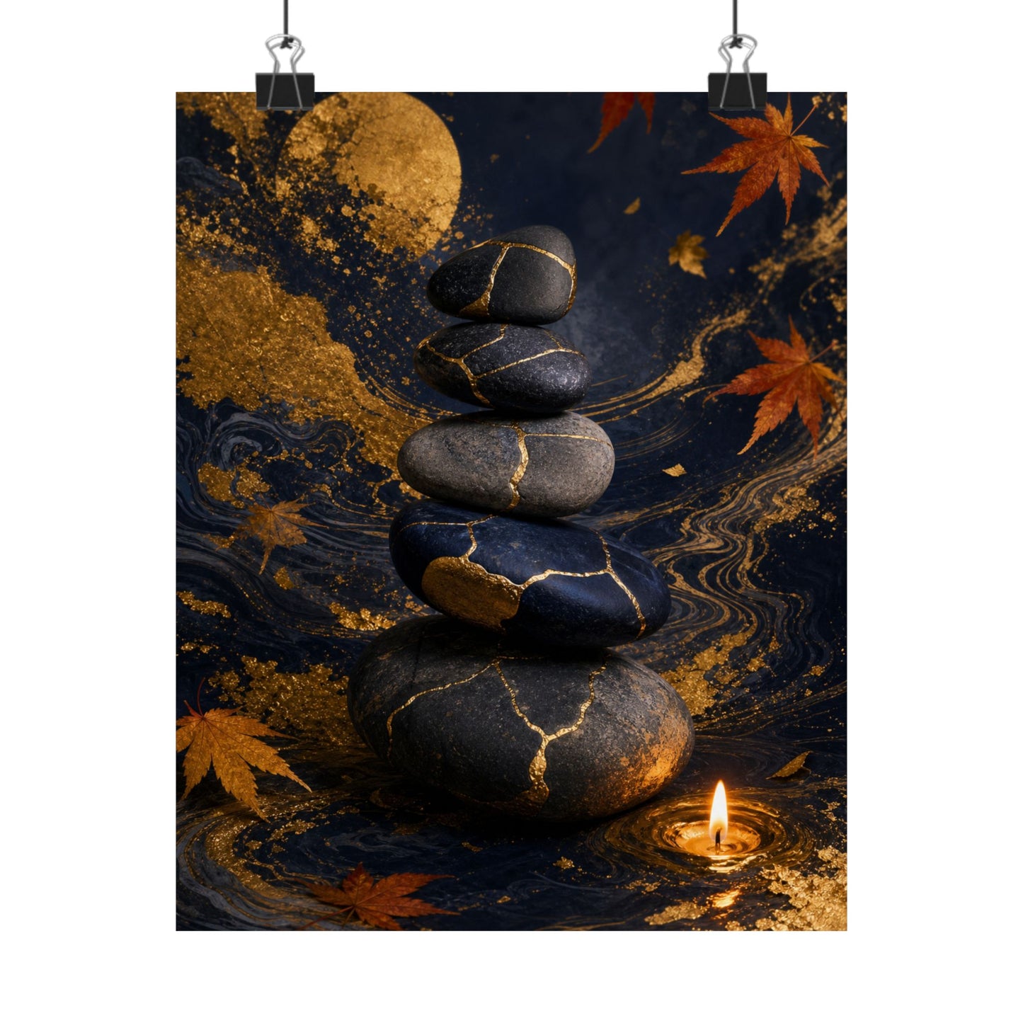 River Stones Wall Art Print | Autumn Kintsugi Gold Vein Art