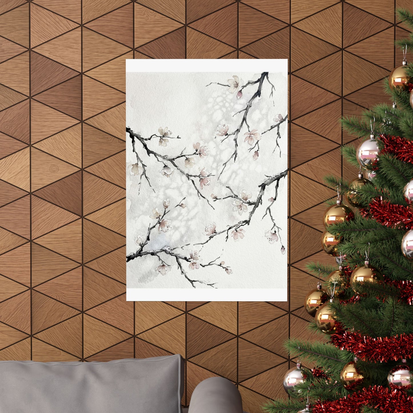 Winter Cherry Blossom Watercolor Wall Art Print | Elegant Decor