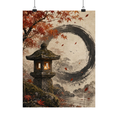 Autumn Stone Lantern Enso Wall Art Print | Serene Decor
